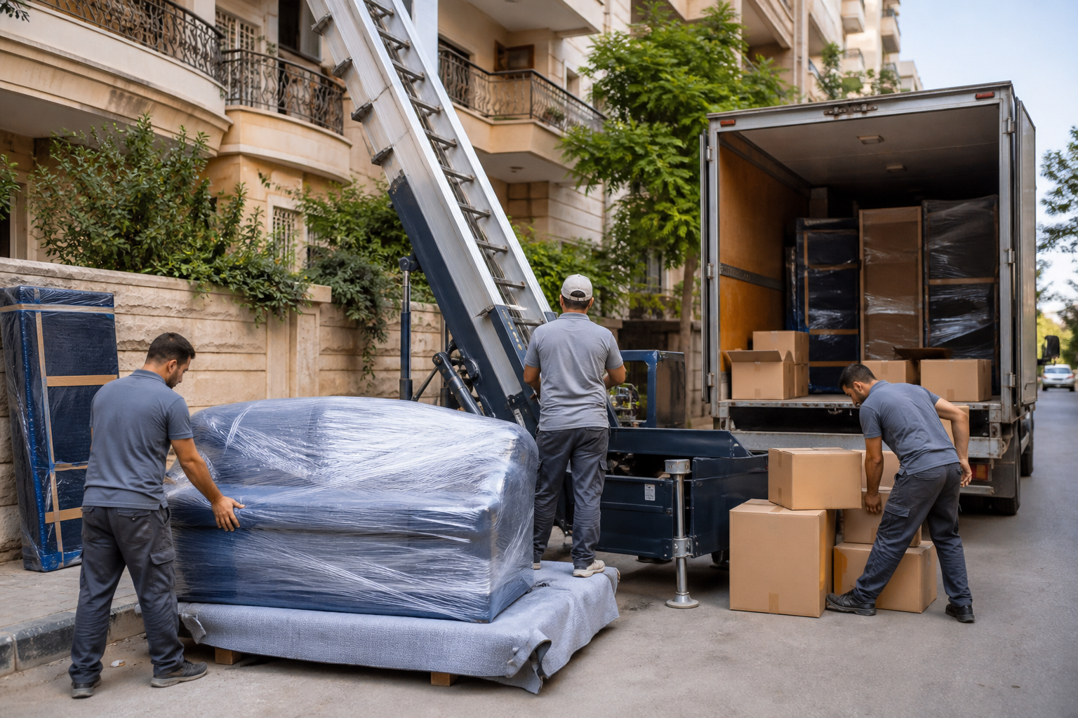 Moving crew preparing furniture beside a hydraulic lift truck
